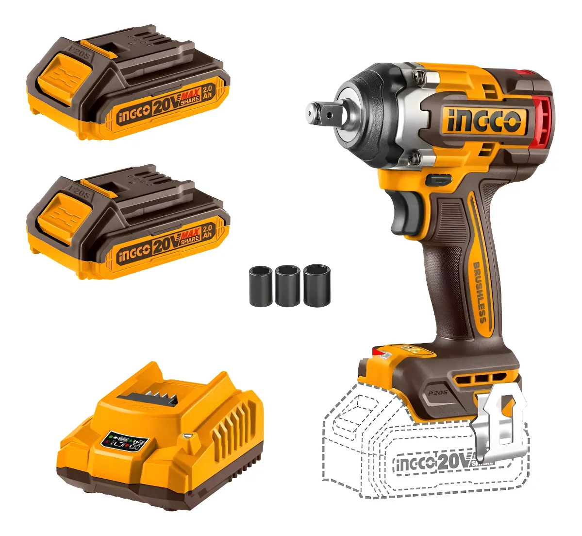 Llave de impacto 500N.m ingco+2 baterias 2.0A.h+cargador